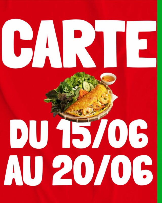 ☀️ Plats de la semaine ☀️

Bonjour à toutes et à tous,

Tout d'abord je tenais à m'excuser pour le retard de la publication.
Le soleil sera au rendez-vous cette semaine avec de très grosse chaleur.
C'est pourquoi la cheffe vous propose la crêpe vietnamienne (Banh Xeo).

Belle semaine ensoleillée

#FoodBordeaux #TakeAway #Asianfood #VietFoodLovers #Thailandfood #Noodleslovers #VeggieBordeaux #bieresbordeaux #Foodporn #Menu #TraiteurMaison #PlatDuJour #CateringLife #MenuDeLaSemaine #CuisineMaison