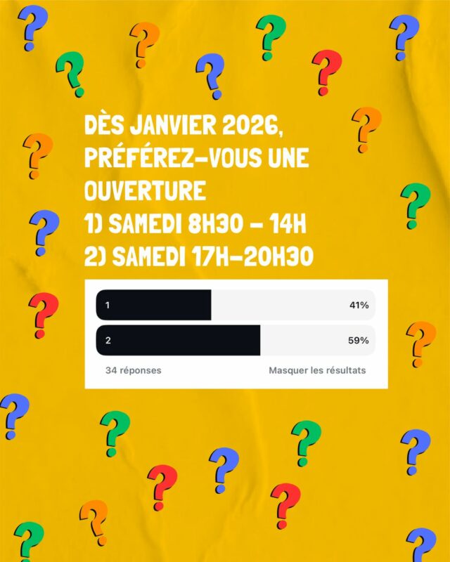 Bonjour à toutes et à tous,

Les votes pour les horaires du samedi sont clos.
Le résultat sera une ouverture le samedi de 17h à 20h30 dès 2026.
Nous commencerons ces horaires dès la rentrée scolaire (début samedi 10 janvier 2026).

Merci encore d'avoir été aussi nombreux à donner votre avis.

Nous vous souhaitons un bon dimanche et nous nous retrouvons demain 11h30.