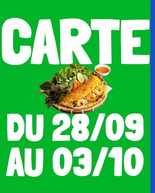 🥢 Carte de la semaine 🥢

Bonjour à toutes et à tous,

Pour cette nouvelle semaine, la cheffe vous propose la crêpe vietnamienne "Banh Xeo" ainsi que son fameux porc frit.

Nous souhaitons également vous dire que le vendredi 02 octobre 2026, nous fermerons exceptionnellement nos portes à 18h.

Belle semaine à toutes et à tous.

#FoodBordeaux #TakeAway #Asianfood #VietFoodLovers #Thailandfood #Noodleslovers #VeggieBordeaux #bieresbordeaux #Foodporn #Menu #TraiteurMaison #PlatDuJour #CateringLife #MenuDeLaSemaine #CuisineMaison