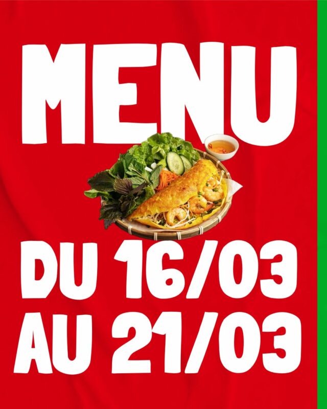 🥢Plats de la semaine🥢

Bonjour à toutes et à tous,

La cheffe vous propose, pour cette nouvelle semaine, sa crêpe vietnamienne (banh xeo) ainsi que le retour des nems épinard mozzarella.

N'hésitez pas à venir nous voir pour découvrir ce que la cheffe vous réserve.

Belle semaine à vous.

#FoodBordeaux #TakeAway #Asianfood #VietFoodLovers #Thailandfood #Noodleslovers #VeggieBordeaux #bieresbordeaux #Foodporn #Menu #TraiteurMaison #PlatDuJour #CateringLife #MenuDeLaSemaine #CuisineMaison #brugesmaville #Laos #Thaïlande
