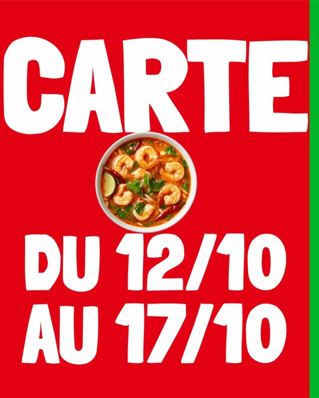 🍲 Carte de la semaine 🍲

Bonjour à toutes et à tous,

L'automne est arrivée et la chute des températures aussi.
Pour cette semaine, la cheffe vous propose donc une soupe de crevette thailandaise (Tom Yam Kung) non piquante pour vous réchauffer. Elle a également décidé de mettre à la carte son poulet Thai Saphai ainsi que du boeuf sauce saté.
N'hésitez pas à venir nous voir.

Belle semaine à toutes et à tous.

#FoodBordeaux #TakeAway #Asianfood #VietFoodLovers #Thailandfood #Noodleslovers #VeggieBordeaux #bieresbordeaux #Foodporn #Menu #TraiteurMaison #PlatDuJour #CateringLife #MenuDeLaSemaine #CuisineMaison